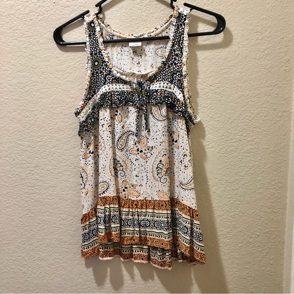 Patrons of Peace White Paisley Ruffle Tank with Brown & Black Accents